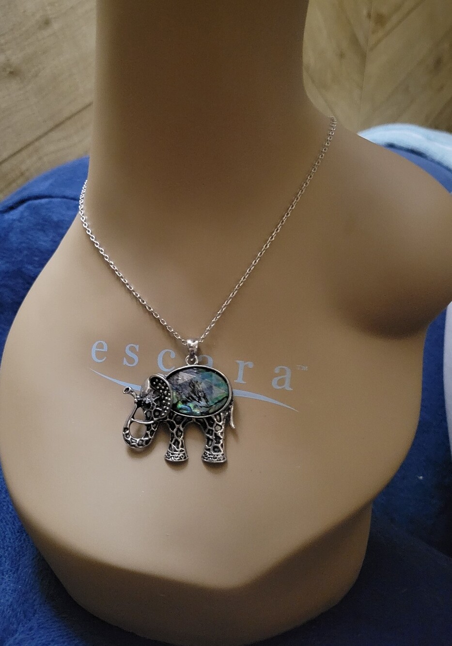 Iridescent Abolone Elephant Pendant Necklace with Silver Tone Chain